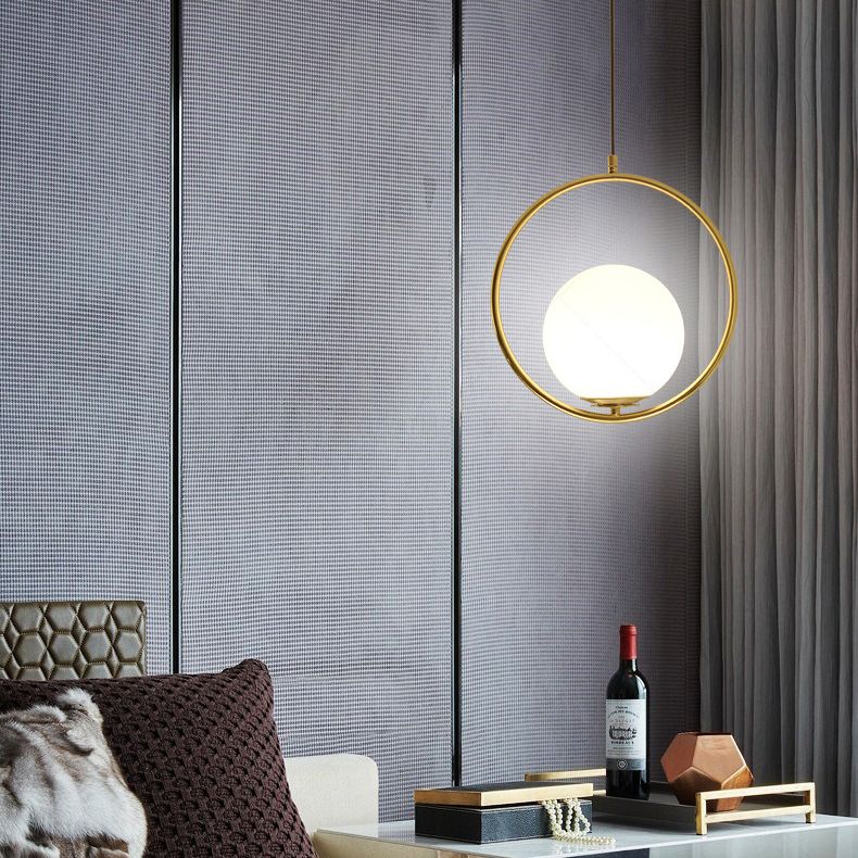 13.7 Inches Wide Golden Ring Hanging Lamp Globe Glass Shade Post-modern Style Hanging Light