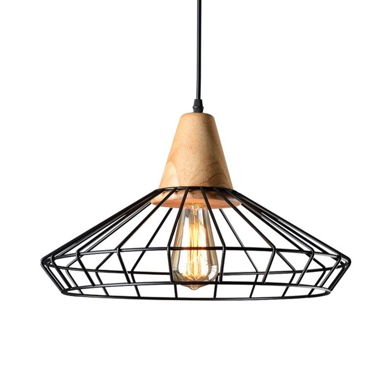 1-Light Caged Hanging Light Fixture Rustic Black Metal Commercial Pendant Lighting with Wooden Socket