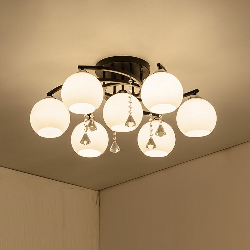 Leche de vidrio de vidrio semi-ras de luz moderna 3/7/9 cabezas de techo de la sala de techo de la habitación Chandelier en negro
