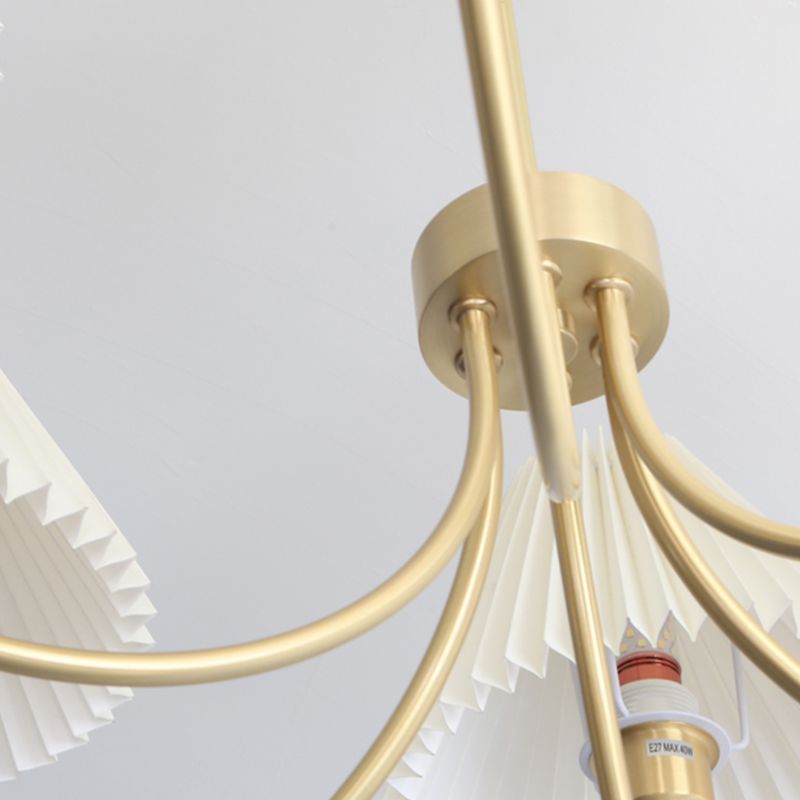 Country Style Living Room Chandelier Retro Fabric Conical Pendant Light Fixture in Brass