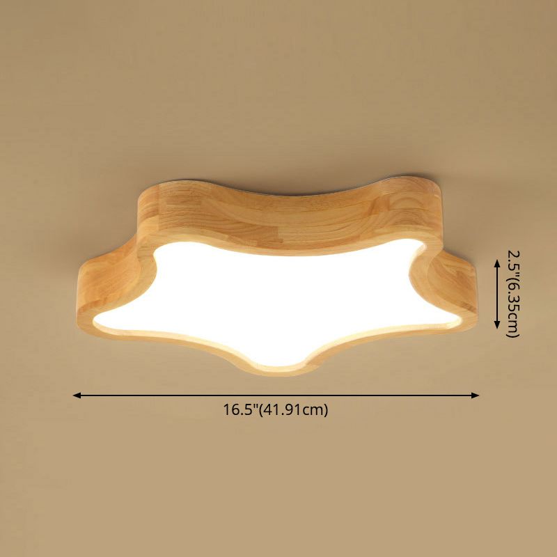 LED Bedroom Ceiling Flush Mount Light Contemporary Wood Close to Ceiling Lamp with Star Wooden Shade