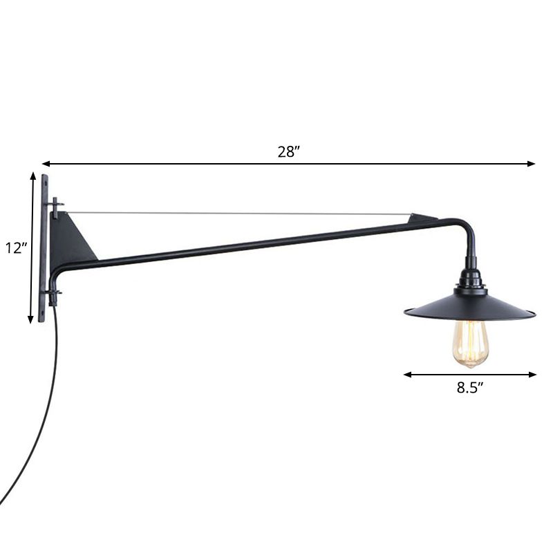 Lámpara de pared industrial festoneada/expuesta 1/2 luces de hierro enchufado de pared con un largo brazo oscilante en negro