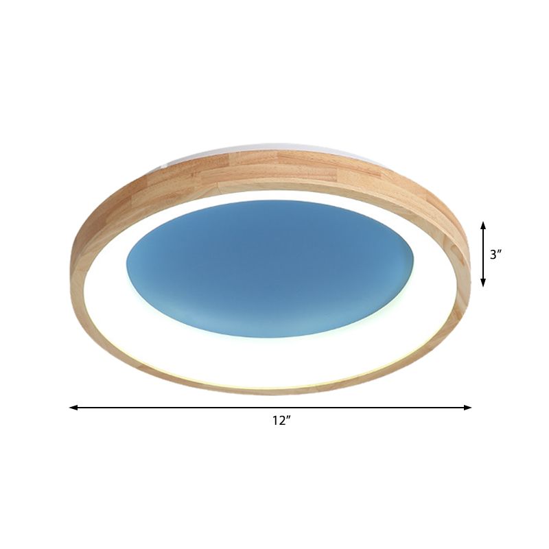Wood Circular Thin Flushmount Lighting Nordic Style Green/Blue LED Ceiling Mounted Light, 12"/16"/19.5" Width