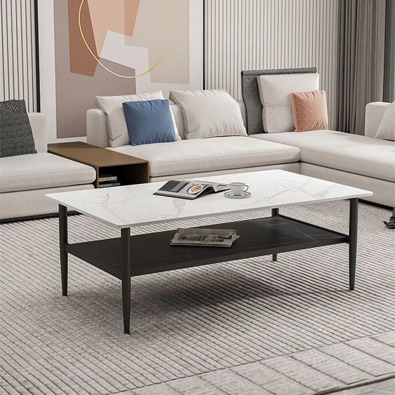 17.7" H Rectangle Slate Coffee Table Iron 4 Legs Cocktail Table with Shelf