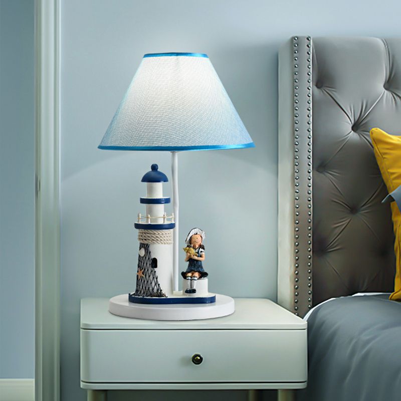 Barrel Shade Night Light Kids Stoff 1 Kopfblaue Tischlampe mit Cartoon Mädchen/Jungen und Leuchtturmdekoration