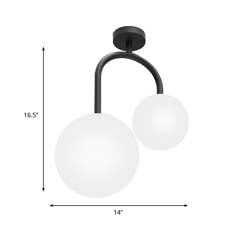 2 Heads Spherical Semi Flush Mount Modernist Milk Glass Ceiling Light Fixture in Black