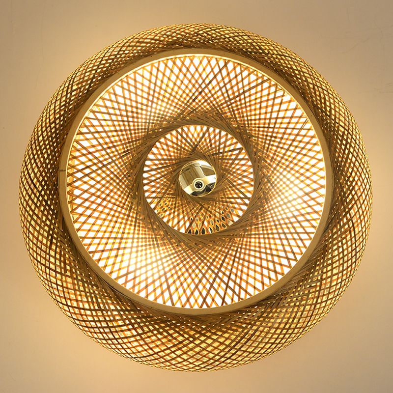 Wooden Circular Ceiling Light in Asian Simplicity Weave Bamboo Flush Mount for Corridor