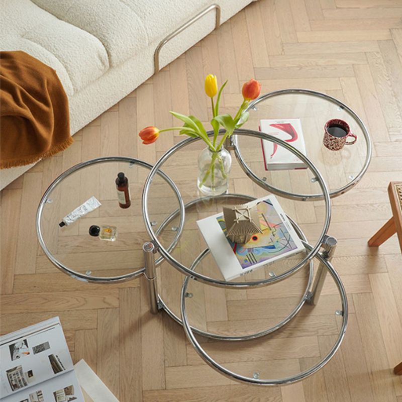 Extendable Coffee Table Glass with Round Top and Stainless Steel Base