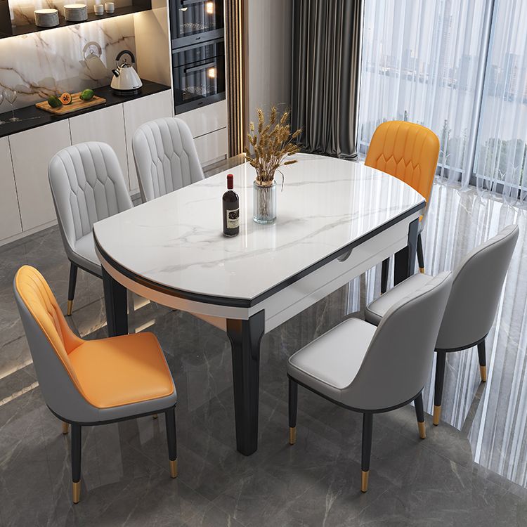 Drop-Leaf Dining Table Round White Dinner Table with Wooden Base