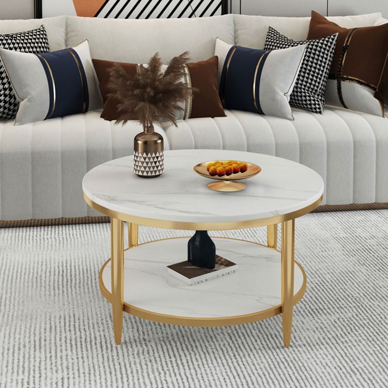 Glam Style Round Slate Table Plate Metal 4 Leg Base with Storage Rack Coffee Table