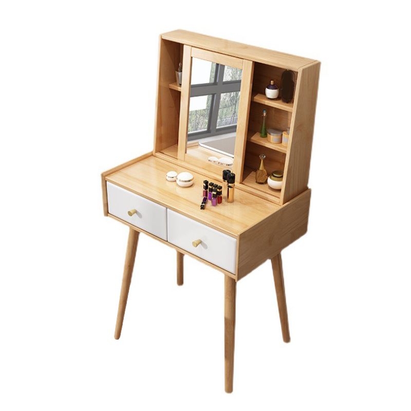 Wood Vanity and Stool 2 Drawers Mirrored Dressing Table for Bedroom