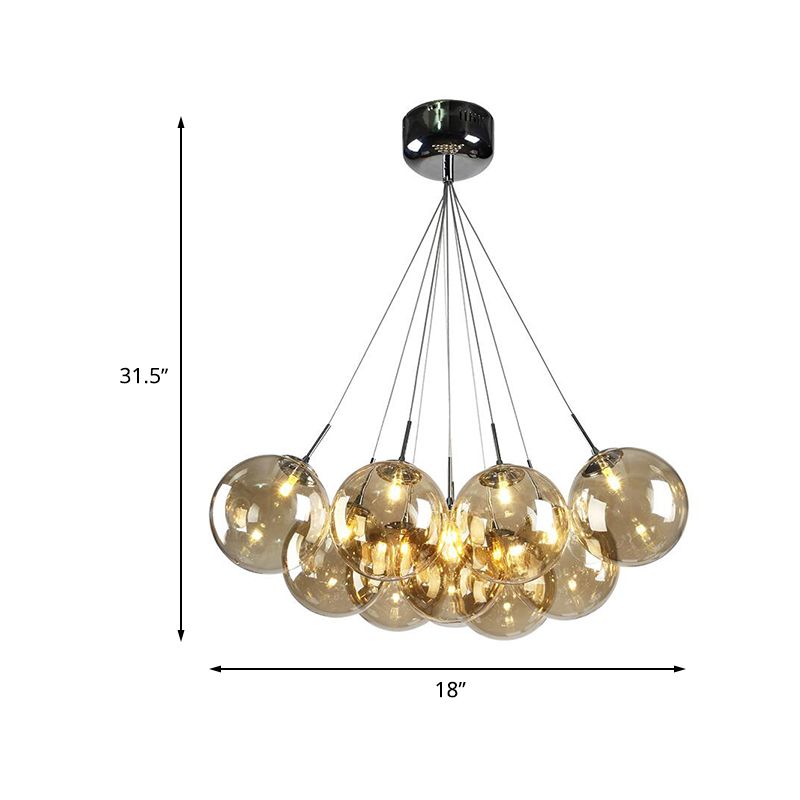 10 Lights Living Room Multi Light Pendant Modern Chrome LED Ceiling Lamp with Bubble Amber Glass Shade