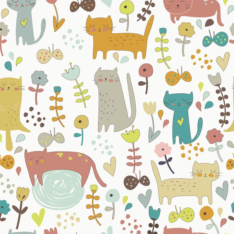 Cartoon Kitten Mural Wallpaper Colorful Moisture Resistant Wall Decor for Nursery