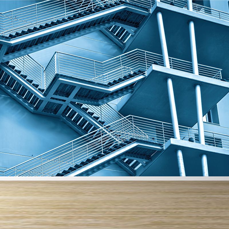 Huge Dog-Legged Stairs Wall Mural House Interior Architecture Wall Art in Blue, Waterproof