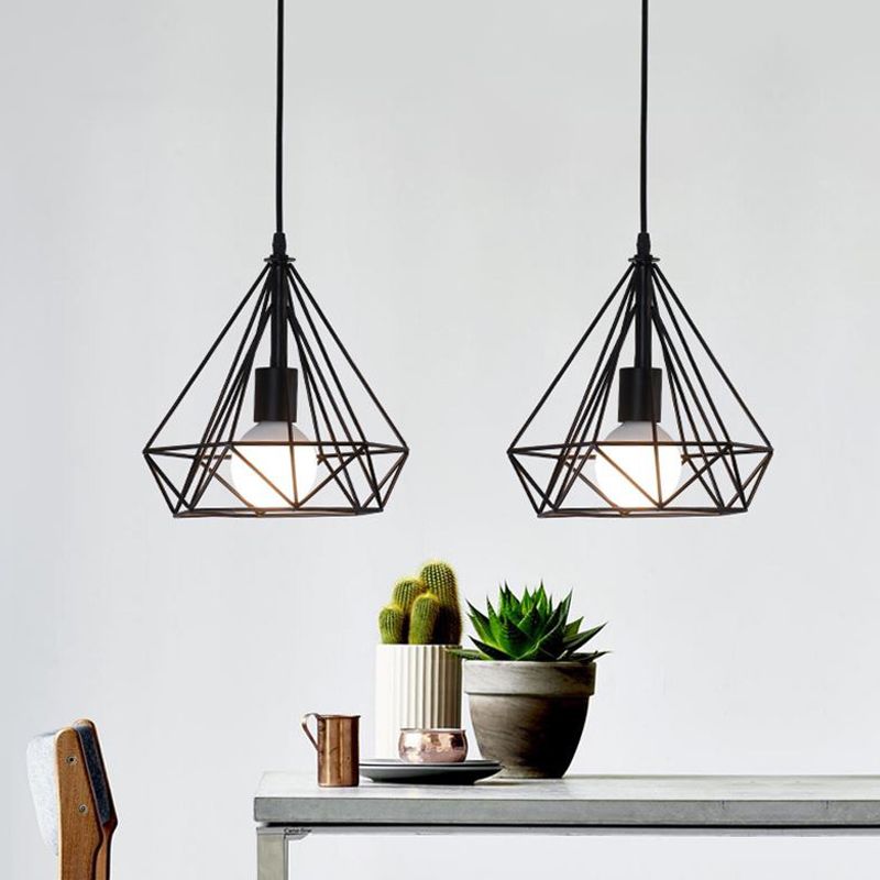 Black Diamond Shaped Pendant Light Kit Industrial Iron Single-Bulb Dining Room Suspension Lamp