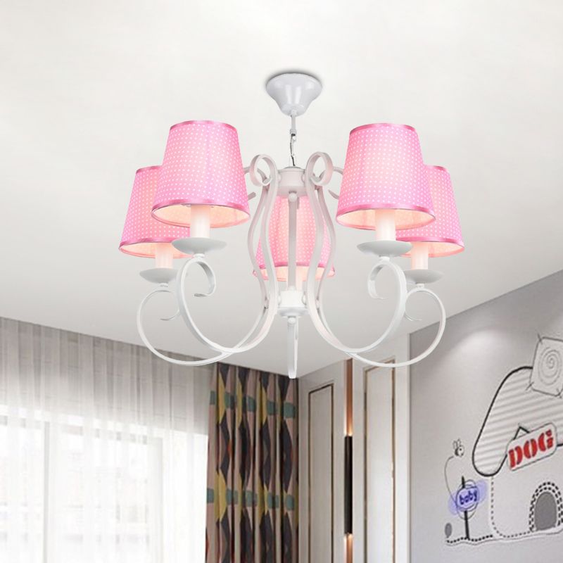Minimalism Barrel Ceiling Chandelier Fabric 5 Lights Bedroom Hanging Light Fixture in Pink