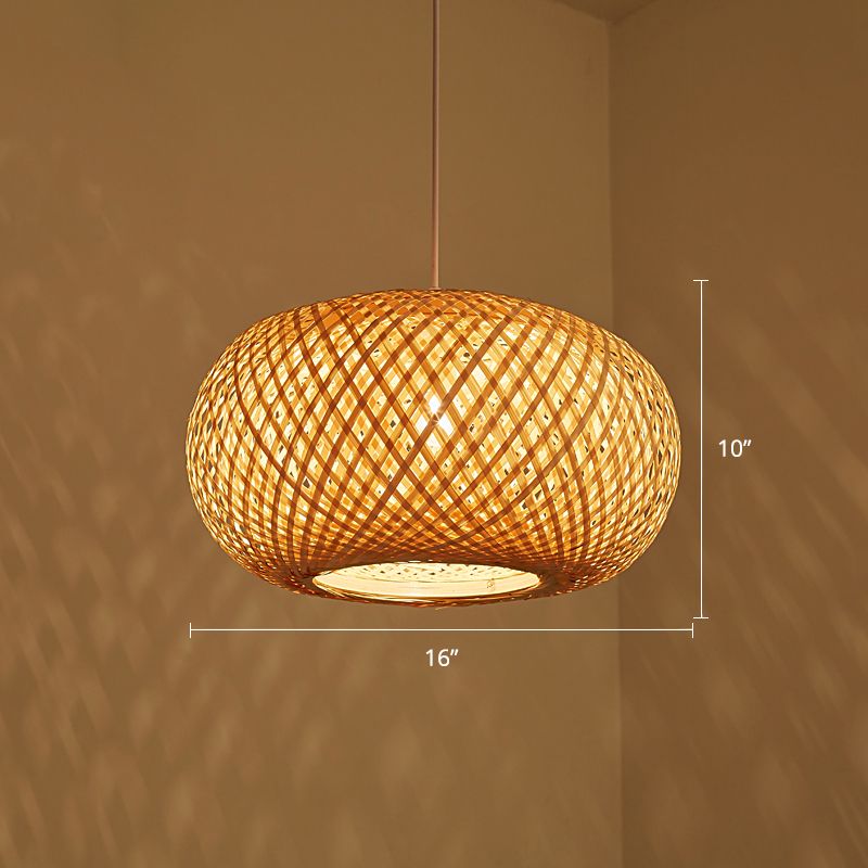 Curved Drum Ceiling Light Modern Bamboo Single Wood Hanging Pendant Light for Tea Room