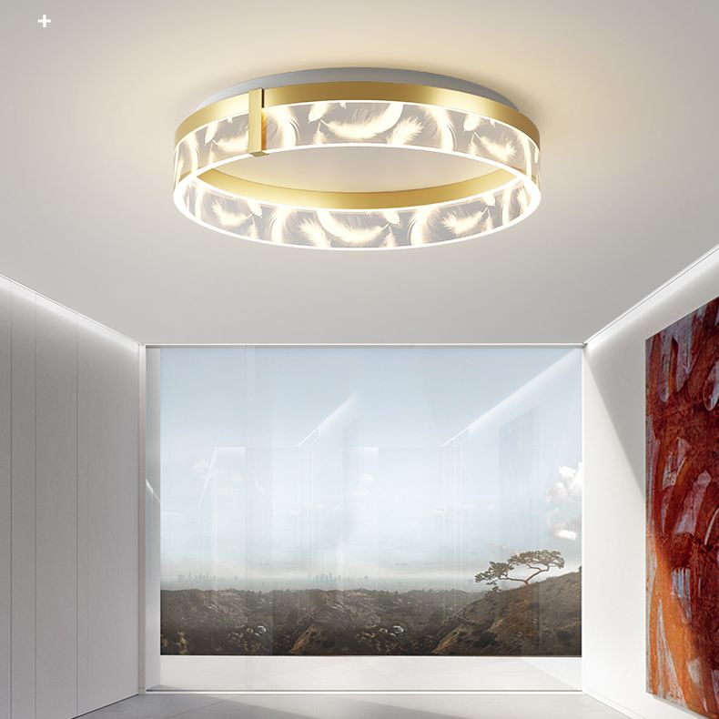 Circular Acrylic Feather LED Flush Mount in Modern Romantic Style Wrought Iron Ceiling Light for Dining Room