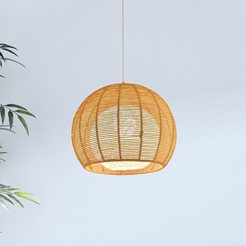Beige/Flaxen Orb Hanging Light Rustic Rope Shade Single Pendant Lamp over Dining Table