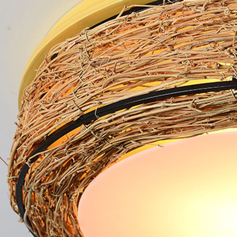 Ronde Vorm Plafondlamp Aziatische Stijl Rotan 3 Lichten Flush Mount voor Slaapkamer