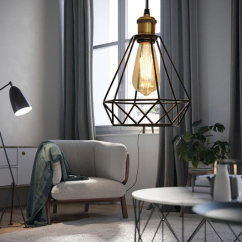 Retro Black Metal Cage Industrial Style Hanging Light 7.8" Wide Single Bulb Coffee Shop Lighting Pendant with 59" Adjustable Wire