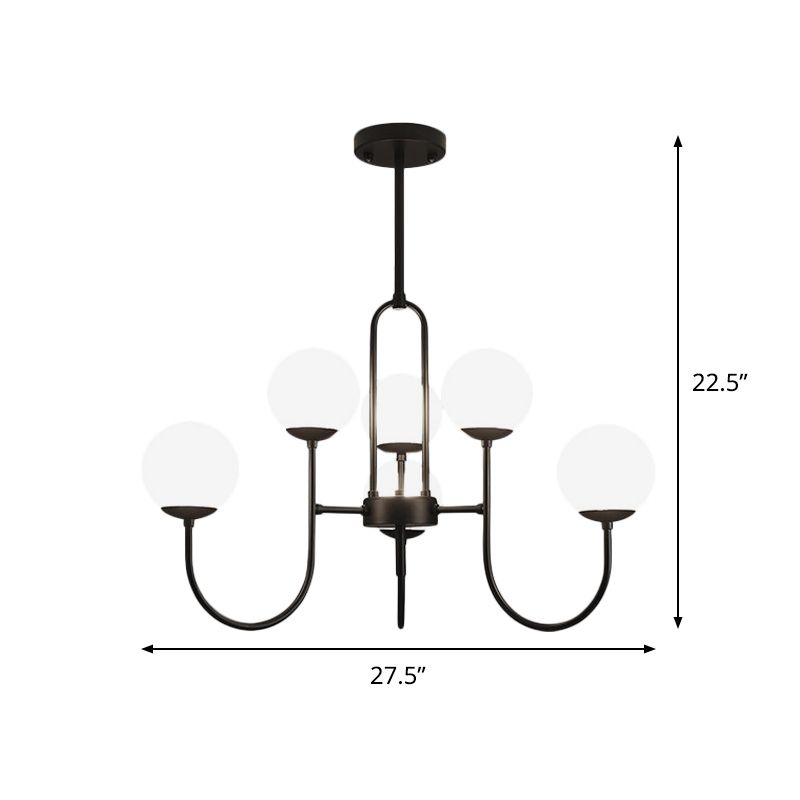 Arced Arm Iron Chandelier Light Fixture Modern 6/9-Head Black Finish Pendulum Lamp with Sphere Milk White Glass Shade