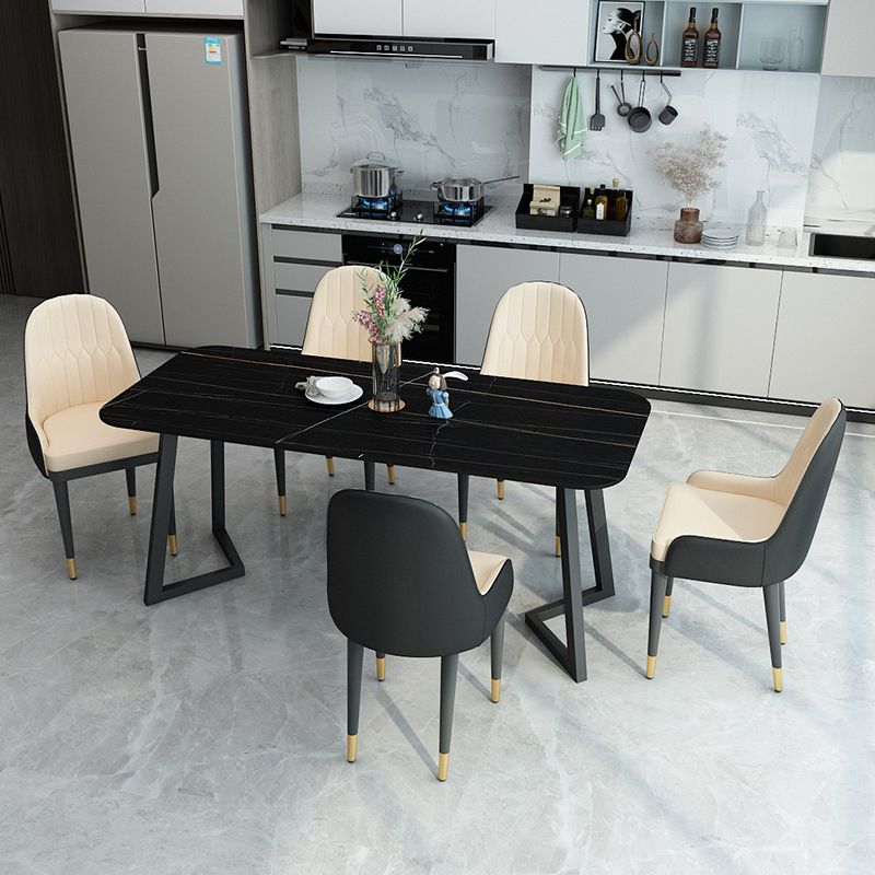 Contemporary Sintered Stone Standard Dining Set Black & White Rectangle Shape Dining Set for Kitchen