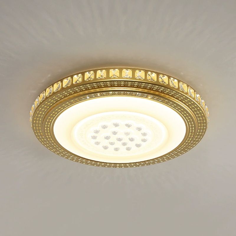 16"/19.5" W LED Parlor Ceiling Lighting Simplicity Gold Flush Mount Light with Round Faceted Crystal Shade