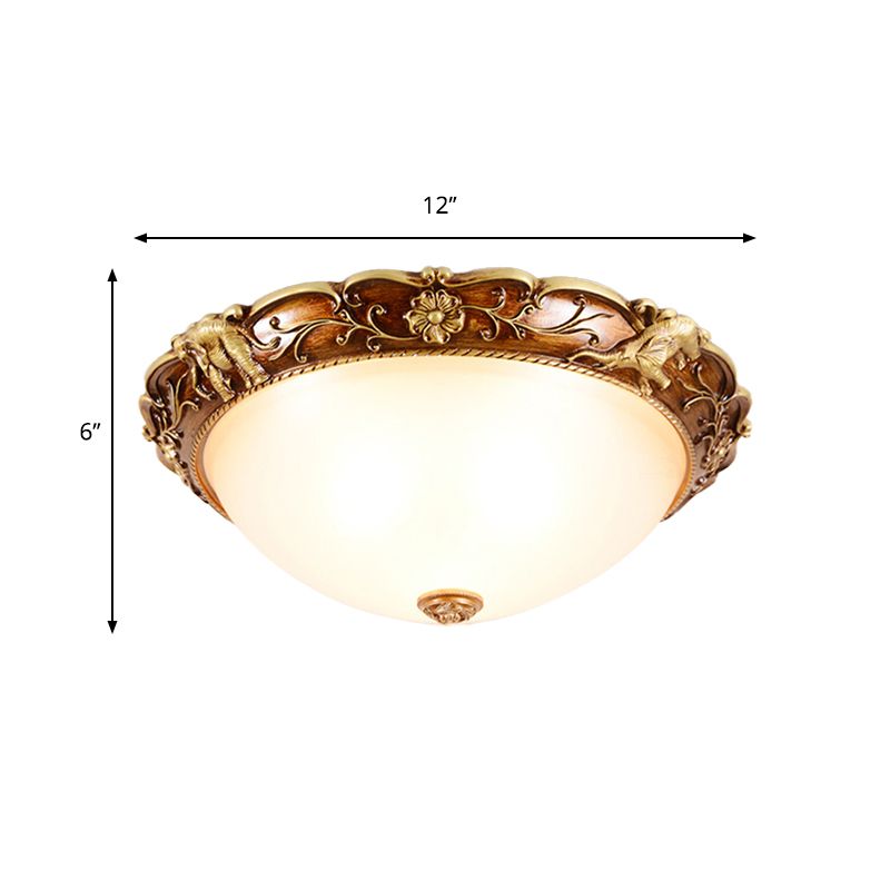 3 Heads Flush Mount Fixture Traditional Bowl White Glass Ceiling Lighting with Flowers and Elephants Deco in Brown