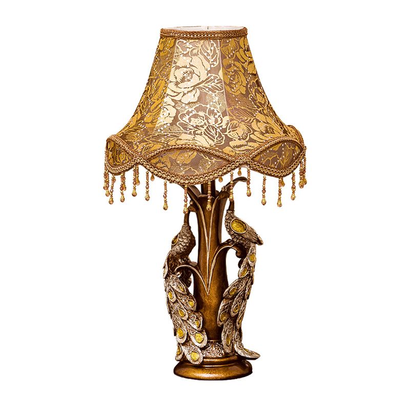 Scalloped Rose Print Fabric Table Light Traditional 1-Light Bedside Night Lamp with Peacock Decoration in Gold