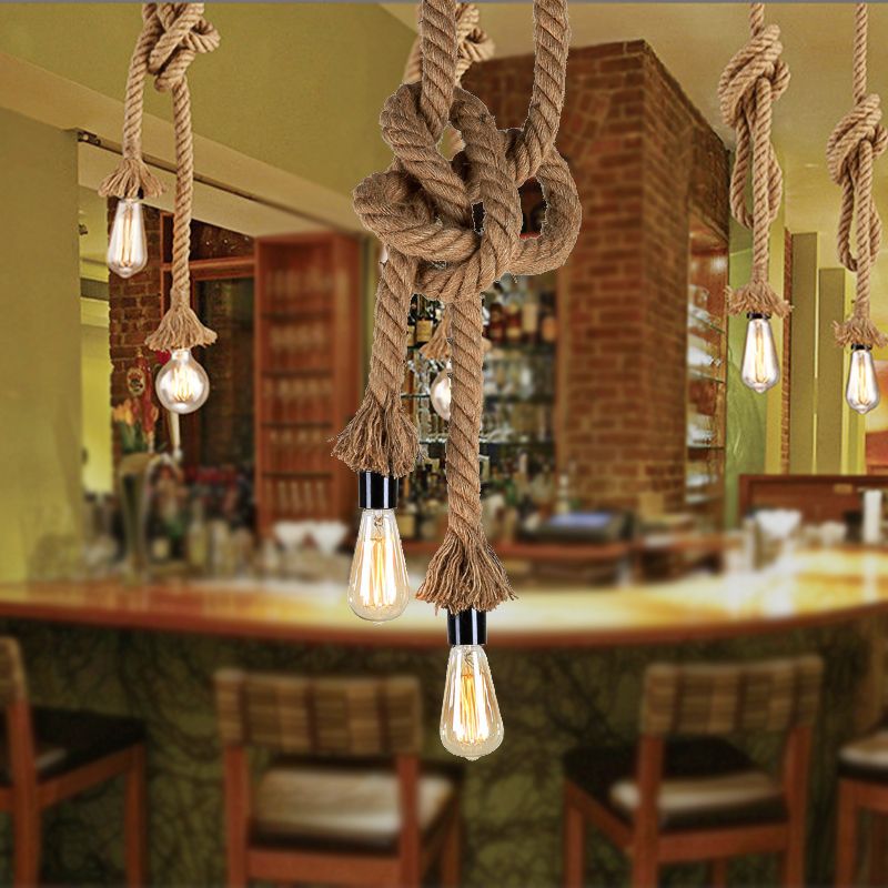 Light Brown 2 Heads Ceiling Pendant Light Vintage Style Rope Open Bulb Hanging Lighting for Bar