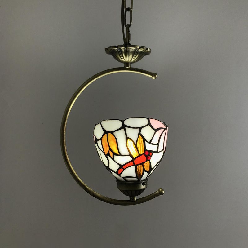 Bronze 1-Head Pendant Light Kit Baroque Metal C-Frame Hanging Lighting with Geometry Cut Glass Shade