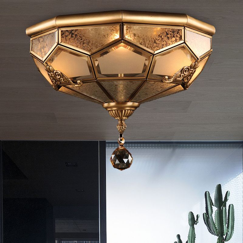 Opal Glass Faceted Dome Ceiling Lighting Chinese Style 3/4-Light Brass Finish Flush Mount Light for Bedroom, 14"/18" W