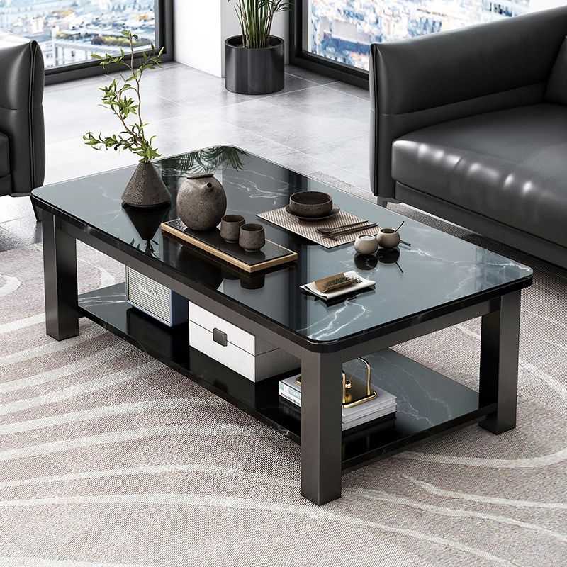 Rectangular Glass 4 Legs Coffee Cocktail Table with Storage Shelf
