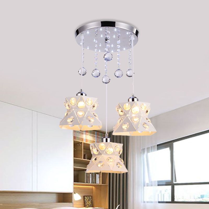 Flared Dining Room Suspension Lamp Iron 3 Bulbs Modernism Multi Light Pendant with Crystal Accent