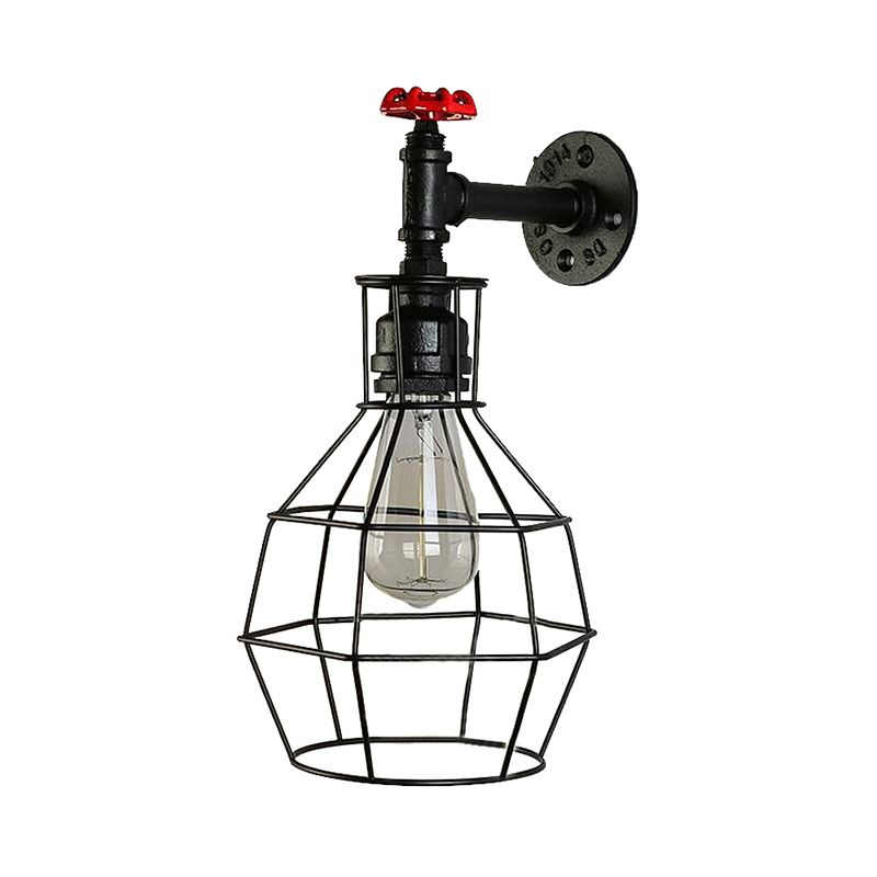Globe Caged Corridor Wall Light Sconce with Valve Deco Vintage Metal 1 Light Black/Bronze Wall Lamp
