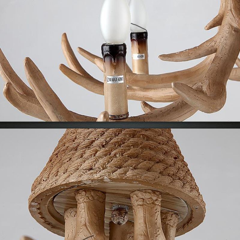 Beige Elk Shaped Chandelier Lamp Traditional Metal and Rope 3/5 Lights Living Room Hanging Light