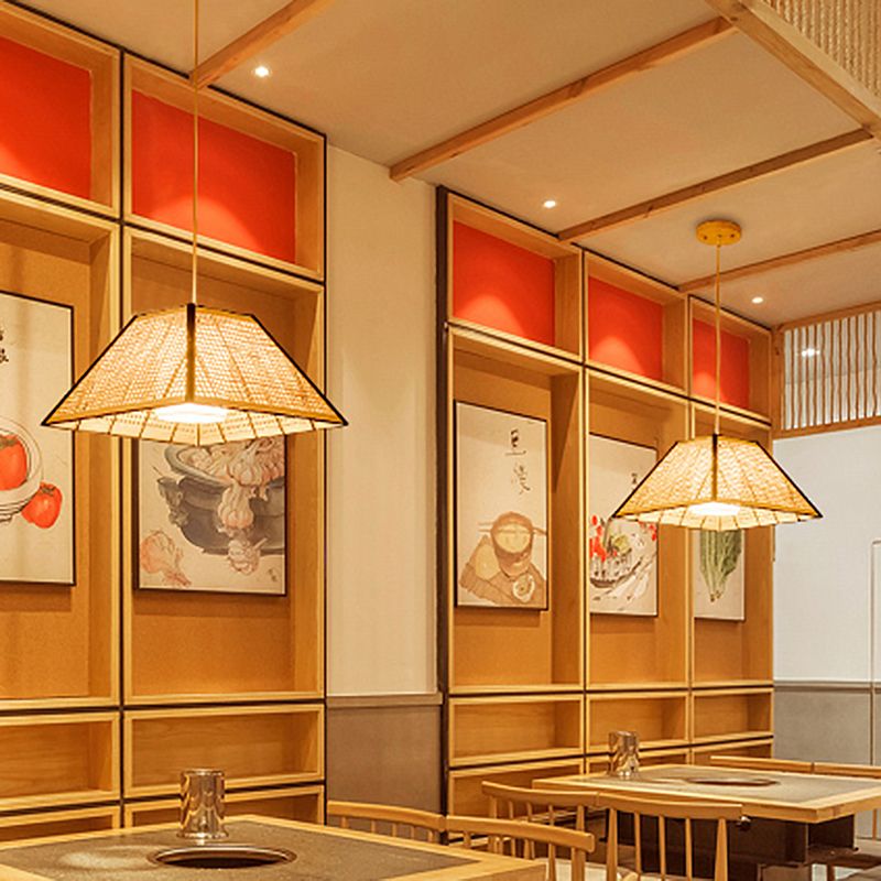 1 Head Tea House Pendulum Light Asian Beige Suspended Pendant Lamp with Pyramid Rattan Shade