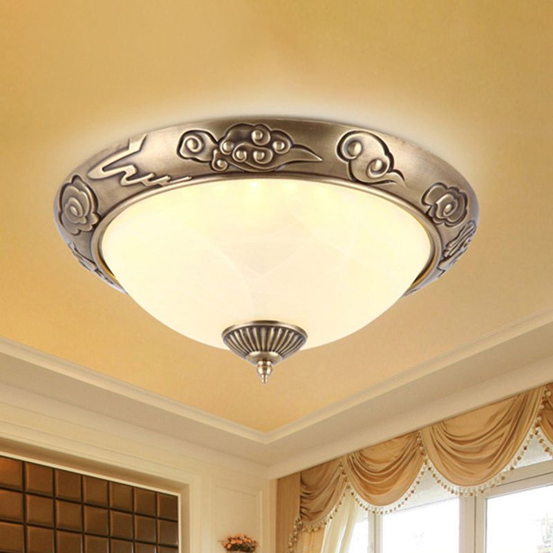 LED Flush Mount Light Fixture Colonialism Dome Shade Opal Glass Ceiling Lighting in Brass for Bedroom, 12"/16" W