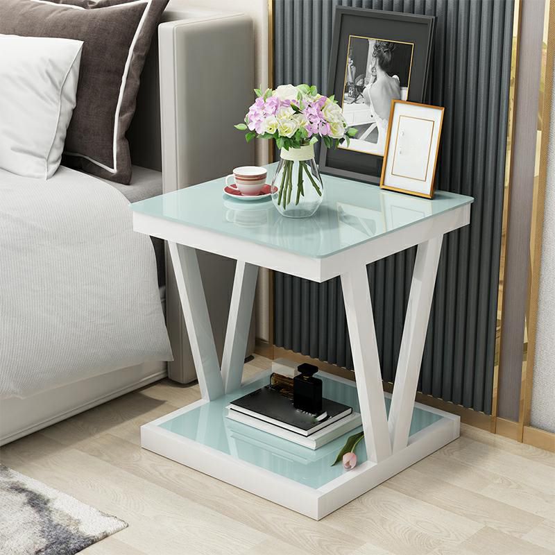 Modern 23.22" Tall Square Glass Top Side Table Steel Trestle Base End Table with Shelf