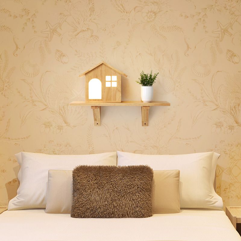 Belle petite maison murale avec étagère à lampe murale à LED en bois en beige pour le salon