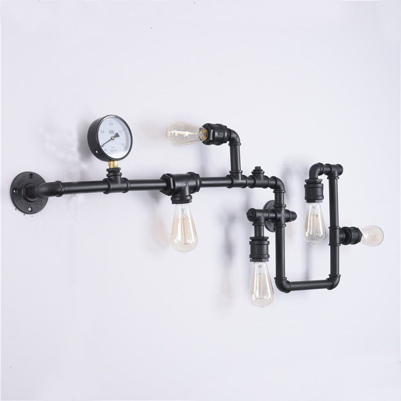 Water Pipe Iron Wall Lighting Industrial 5 Bulbs Restaurant Wall Sconce with Decorative Gauge