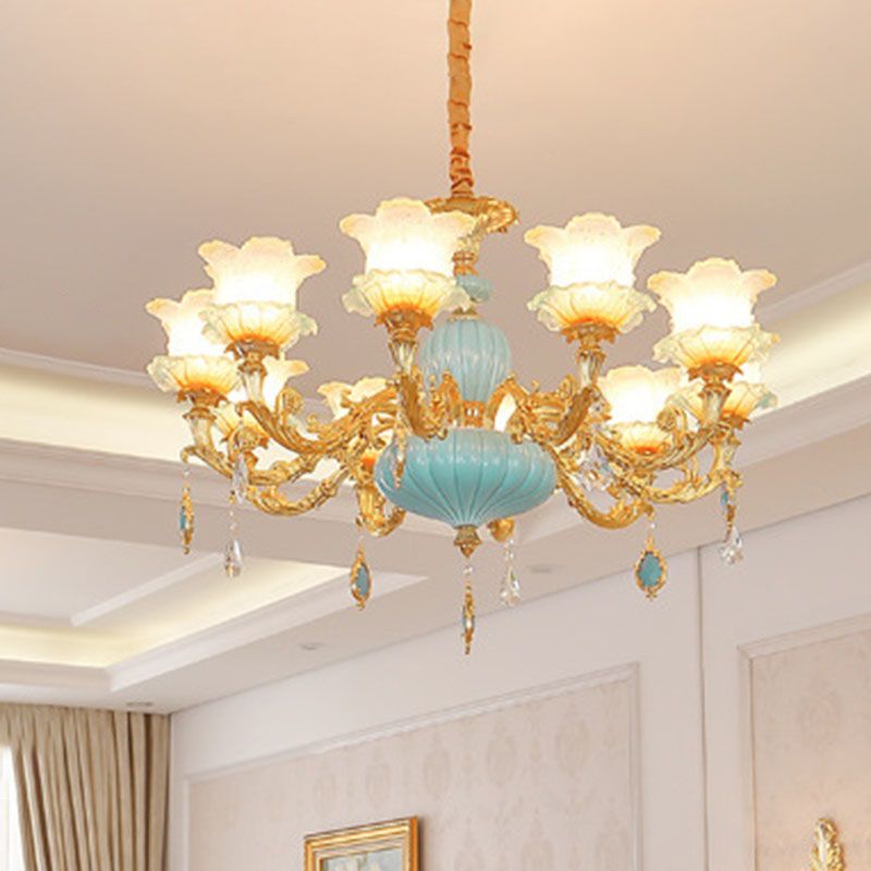 Gold Blossom Ceiling Chandelier Modernity Frosted Glass Hanging Light Fixture with Crystal Accent
