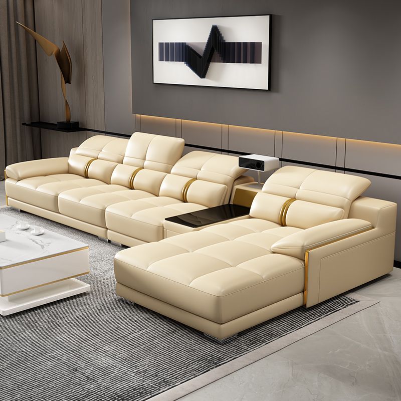 Genuine Leather Pillow Top Arm Sofa Cream Sectional with Removable Cushions