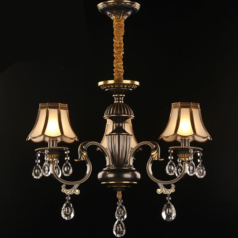 Black and Brass Scalloped Pendant Light Traditional Opaque Glass Dining Room Chandelier with Crystal Deco