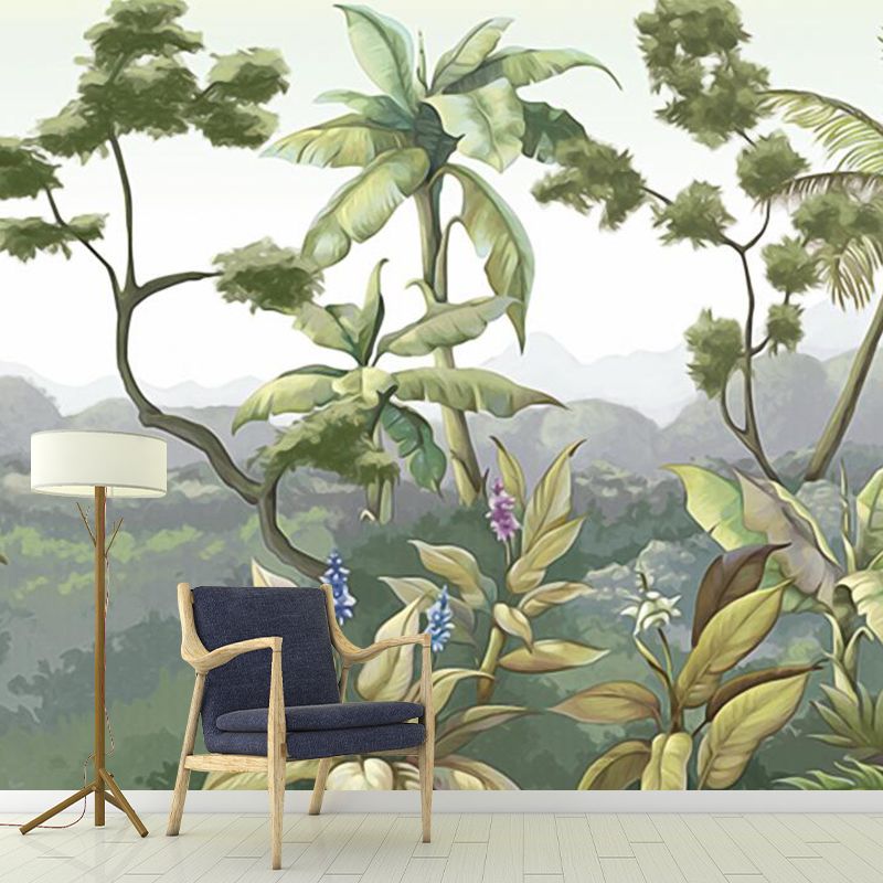 Tropical Plant Mountains Wall Mural Green Moisture Resistant Wall Decor for Home