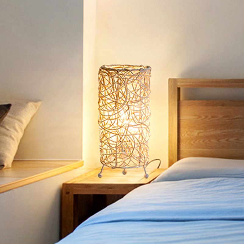 Chinese Cylindrical Desk Light Bamboo 1 Bulb Task Lighting in White/Coffee for Living Room