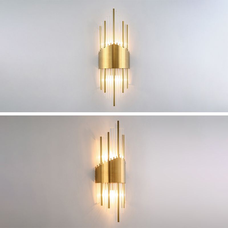 Fluted Crystal Flush Wall Sconce Postmodern Style 2-Bulb Gold Wall Lamp for Living Room