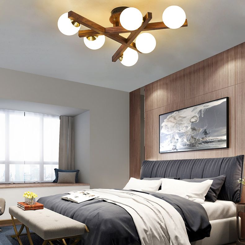 Log Color Sputnik LED Semi Flush Mount in Modern Luxury Style Wooden Ceiling Light with Opal Glass Shade