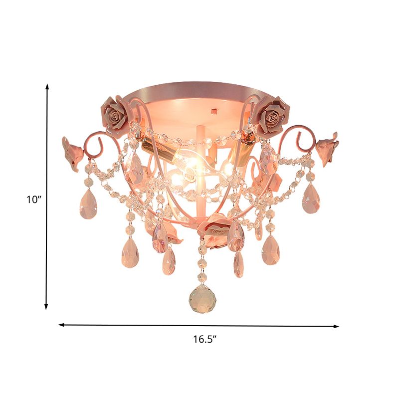 3 Heads Crystal Flush Mount Pastoral Pink Expose Bulb Bedroom Close to Ceiling Lighting